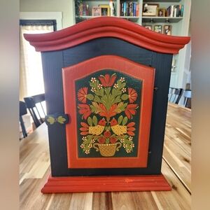 1993 Vintage Handmade & Hand Painted Key Cabinet With Scandinavian Folk Art